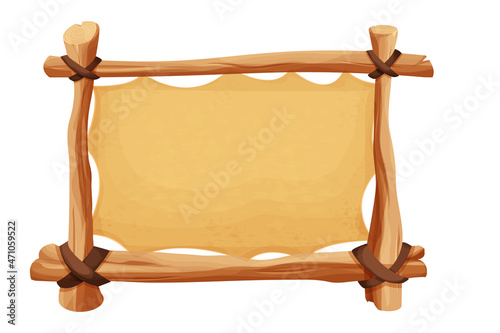 Frame from wood branch, sticks, old paper and leather rope in comic cartoon style isolated on white background. Tribal, rural clip art. Ui game asset.