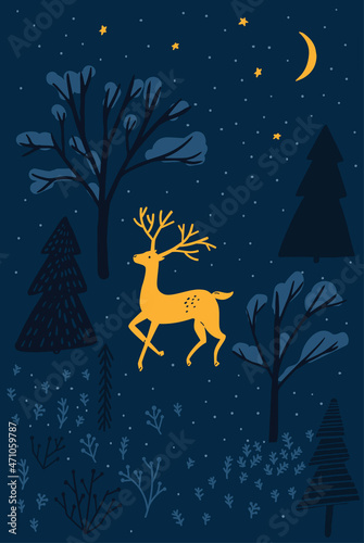 Winter forest night with yellow deer, spruce and naked trees. Christmas card design. Winter wonderland, scandinavian style illustration