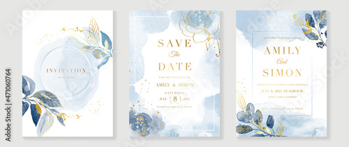 Luxury wedding invitation card background  with golden line art flower and botanical leaves, Organic shapes, Watercolor. Abstract art background vector design for wedding and vip cover template.