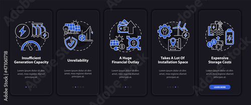Renewable energy challenges onboarding mobile app page screen. Unreliability walkthrough 5 steps graphic instructions with concepts. UI, UX, GUI vector template with linear night mode illustrations