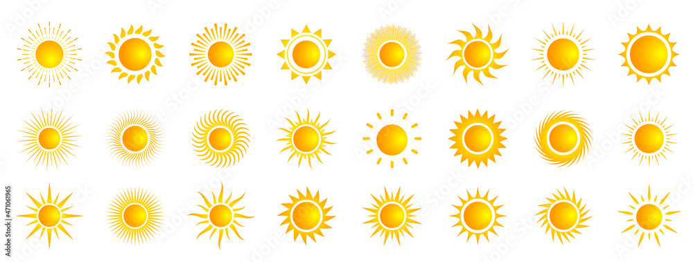 Sun icons. Sun collection. Sunset vector icons. Golden set of Sun isolated on transparent background. Stock vector. Sun icons. Sun collection. Sunset vector icons. Golden set of Sun isolated on transparent background. Stock vector.