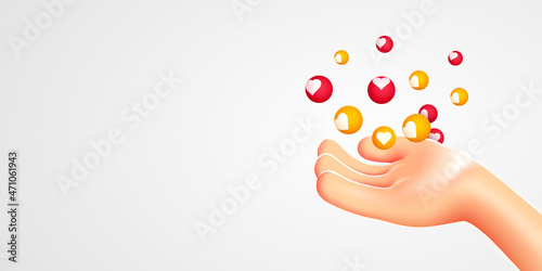 Cartoon hand hold flying like signs. Social media marketing, like notifications.
