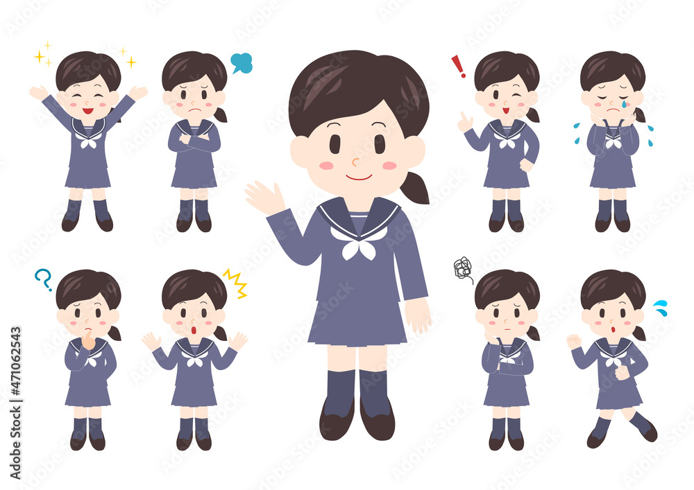 女子中学生のポーズと表情のイラスト: 全身セット 女子中学生のポーズと表情のイラスト: 全身セット