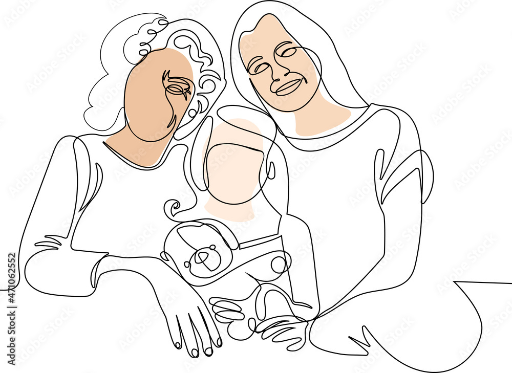 Happy mom and daughter show love and care in relations. Smiling young mother and small teen daughter rest at home hug and cuddle enjoy family weekend together. Vector illustration