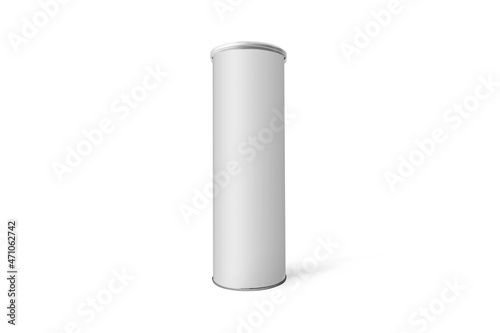 Blank white Cylindrical can package for chips mockup isolated over white background. White Chips Tin Box Container Tube for Package Design Close up Isolated on Background. 3d rendering.