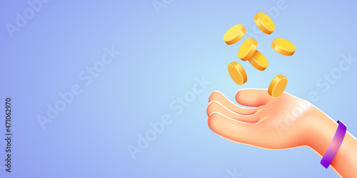 Cartoon Hand receives or gives money. Financial success, salary, growth income, savings or investment.