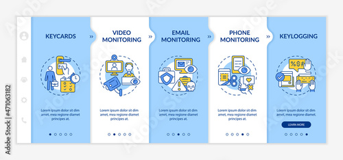 Types of employee monitoring onboarding vector template. Responsive mobile website with icons. Web page walkthrough 5 step screens. Work tracking color concept with linear illustrations