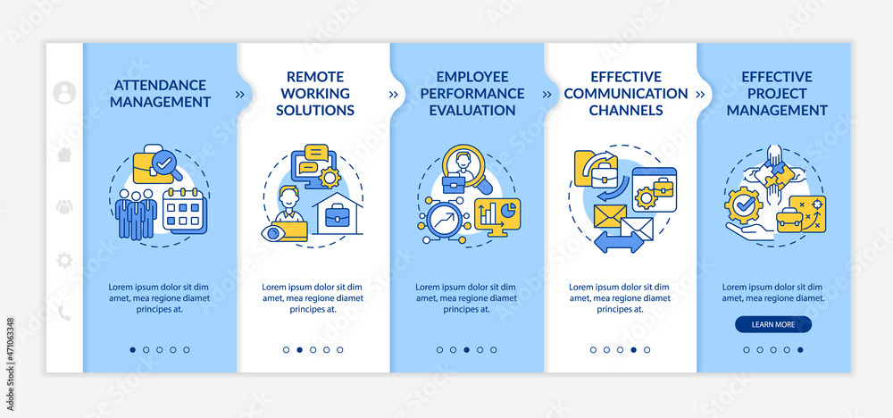 Employee monitoring advantages onboarding vector template. Responsive mobile website with icons. Web page walkthrough 5 step screens. Work tracking color concept with linear illustrations