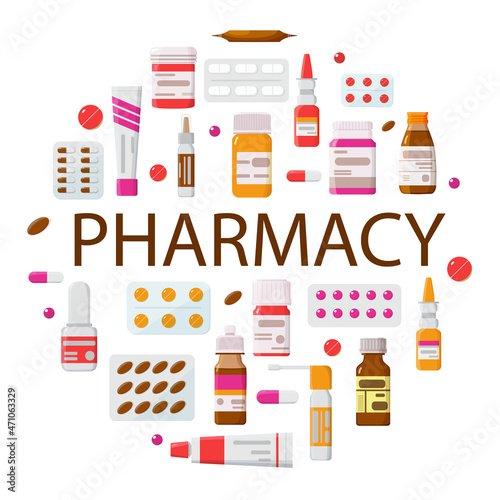 Medicines, pharmacy set of drugs. Round composition with tablets, capsules, ointments, sprays. Flat style, vector illustration.