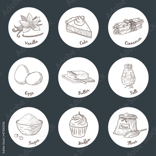 Baking Ingredients Engraved Illustration Stickers Set. Collection of hand drawn food sketches for logo, recipe, print, menu decorationand design
