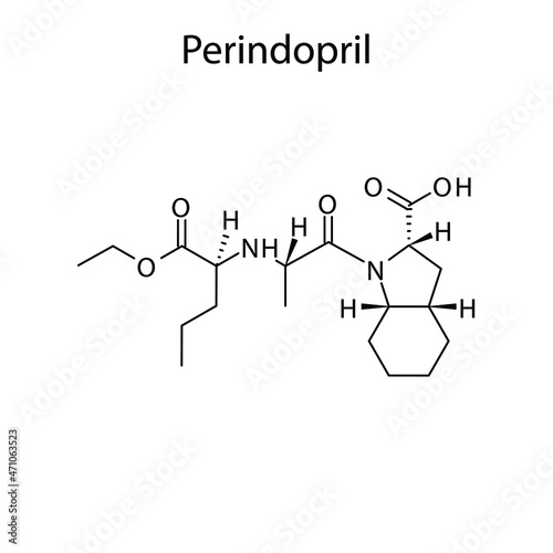 Perindopril molecular structure, flat skeletal chemical formula. ACE inhibitor drug used to treat Hypertension, Heart failure, CAD. Vector illustration.