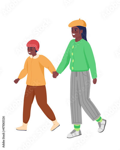 Happy mom with son on walk semi flat color vector characters. Dynamic figures. Full body people on white. Winter isolated modern cartoon style illustration for graphic design and animation