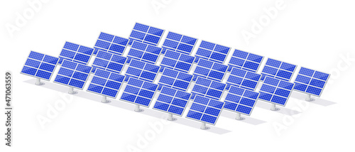 Renewable solar power plant station with electric solar panels cells for electricity grid. Clean sustainable energy photovoltaic generation industry. Isolated vector illustration on white background.