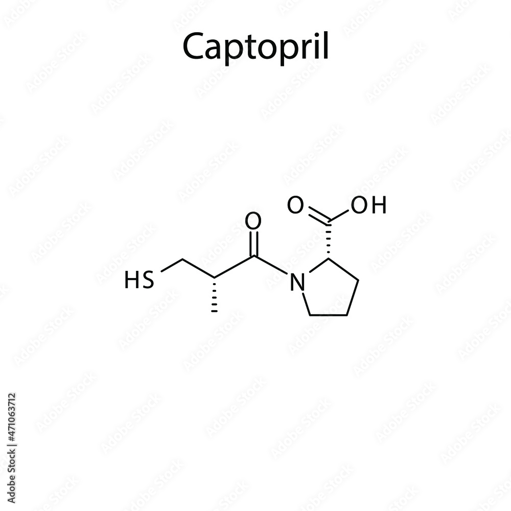 Captopril molecular structure, flat skeletal chemical formula. ACE Captopril molecular structure, flat skeletal chemical formula. ACE