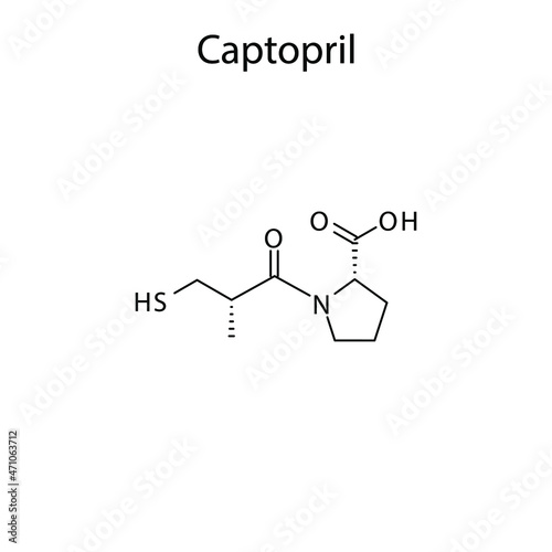 Captopril molecular structure, flat skeletal chemical formula. ACE inhibitor drug used to treat Hypertension, Heart failure, CAD. Vector illustration.