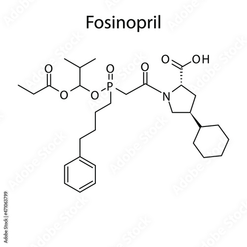 Fosinopril molecular structure, flat skeletal chemical formula. ACE inhibitor drug used to treat Hypertension, Heart failure, CAD. Vector illustration.