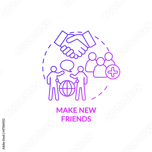 Make new friends purple gradient concept icon. Adjust to living abroad abstract idea thin line illustration. Meet new people. Be sociable and club together. Vector isolated outline color drawing
