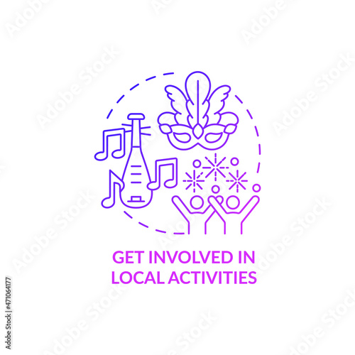 Get involved in local activities purple gradient concept icon. Adjusting to living abroad abstract idea thin line illustration. Engaging in cultural events. Vector isolated outline color drawing