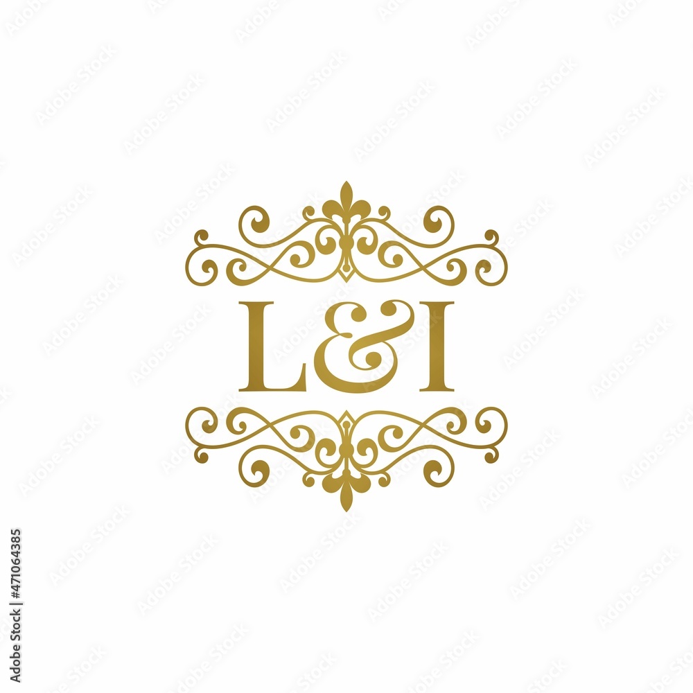 L&I initials logo ornament gold. Letter LI wedding ampersand or