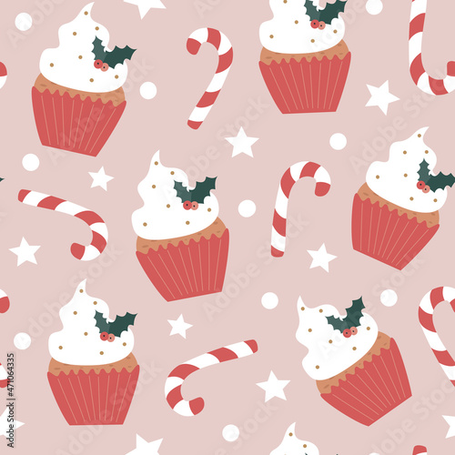 cute cartoon holidays winter seamless vector pattern illustration with christmas cupcakes dessert, candy cane, stars and snow on pink background