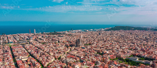 Aerial view of Barcelona downtown, view of the Sagrada Familia, a famous landmark in town, Spain. photo