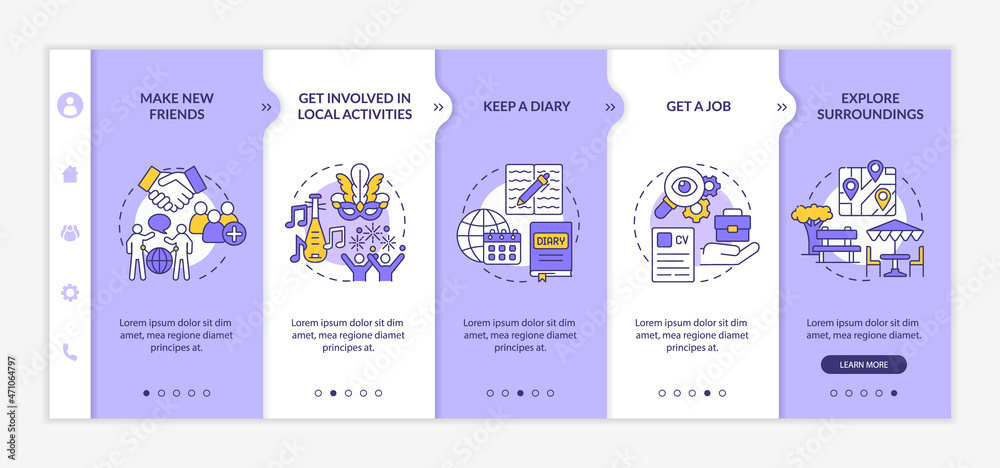 Adjusting to living abroad onboarding vector template. Responsive mobile website with icons. Web page walkthrough 5 step screens. Living in foreign country color concept with linear illustrations