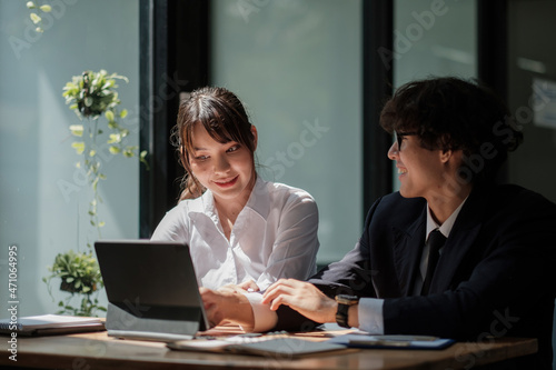 University asian students learning language using digital tablet and internet, working project together. Exam preparation. Online education concept. team of coworkers brainstorming. Meeting. Teamwork.