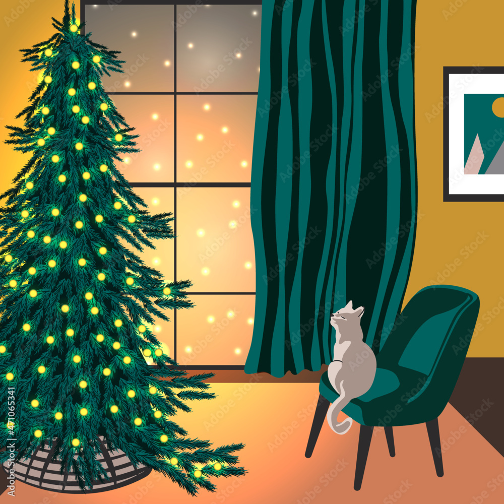 a cat sitting on a chair looks at and a christmas tree