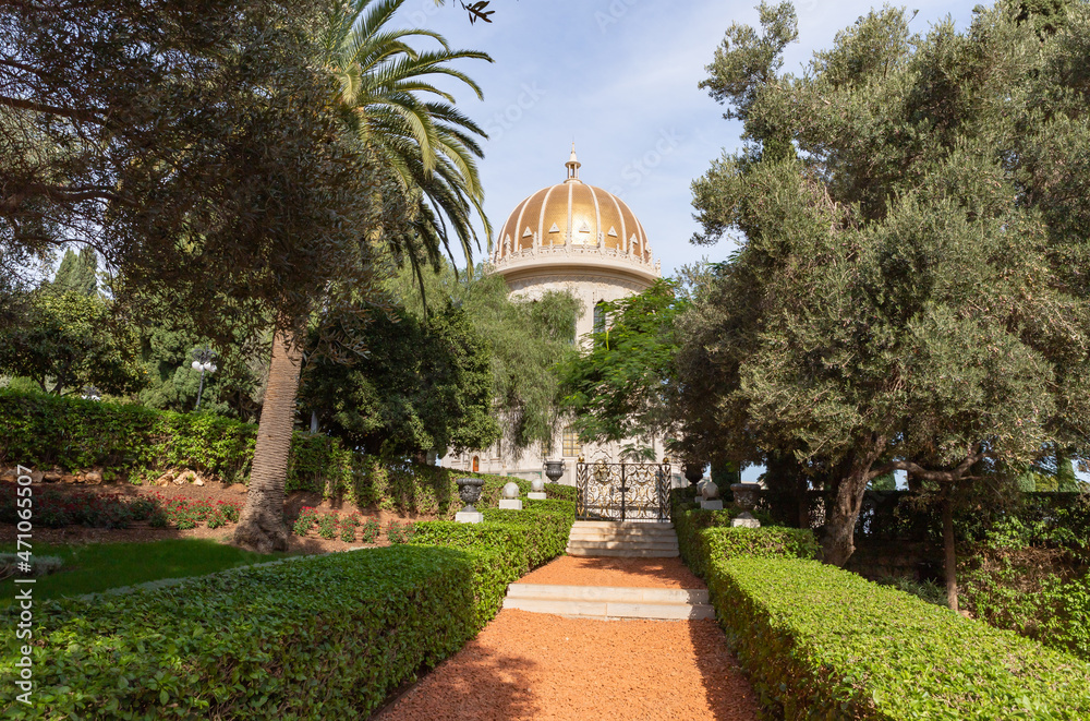 View from the decorative Bahai garden to the Bahai Temple, located on Mount Carmel in the city of Haifa, in northern Israel