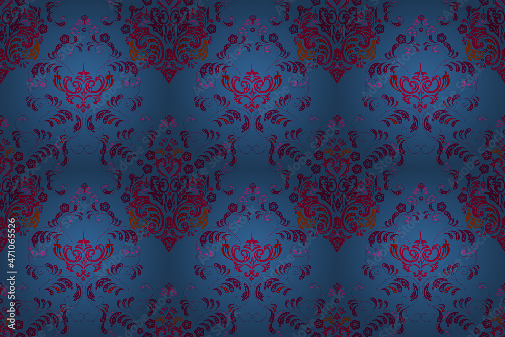 Seamless pattern with interesting doodles on colorfil background. Pano. Raster illustration.