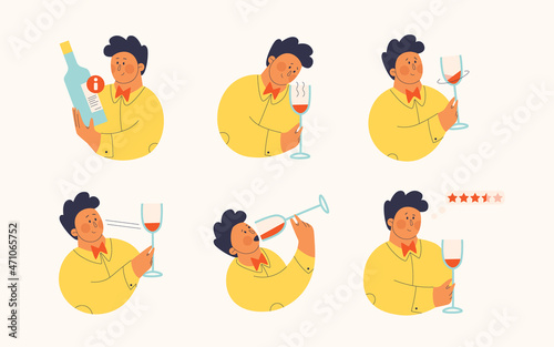 Set of vector cute illustrations for wine tasting. Cute man is exploring the wine for taste, drink, swirl, aroma, appreciation. Isolated objects for design and graphics.