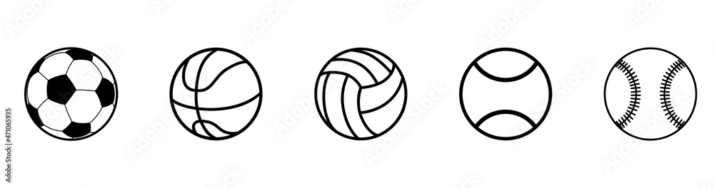 Ball icons. Sport balls set. Balls for Football, Soccer, Basketball, Tennis, Baseball, Volleyball. Stock vector illustration...