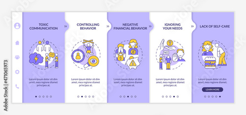 Relationships abuse onboarding vector template. Trust lack. Responsive mobile website with icons. Web page walkthrough 5 step screens. Toxic communication color concept with linear illustrations