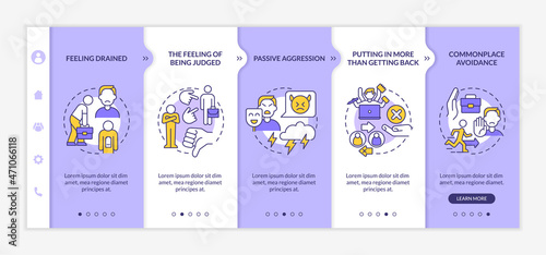Toxic environment at work onboarding vector template. Responsive mobile website with icons. Web page walkthrough 5 step screens. Stressful job conditions color concept with linear illustrations