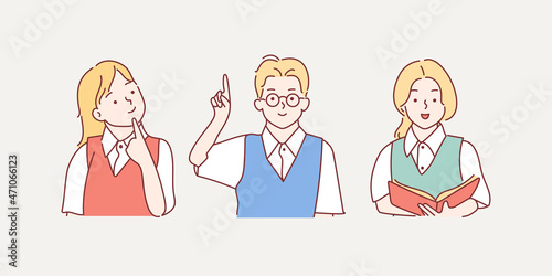 Set of pupils. Back to school concept. Group of young men and women students teenagers, pupils with books. School life. Education, learning, study process. Simple flat vector