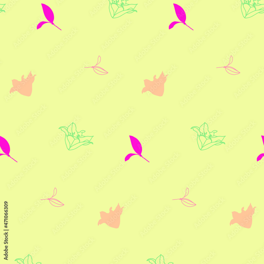 Obraz premium Tender pink and green lilies flower vector pattern. Lilies pink and green silhouette. Stylish spring illustration. Textile texture style. Nature. Gardening. Lilies blossom.