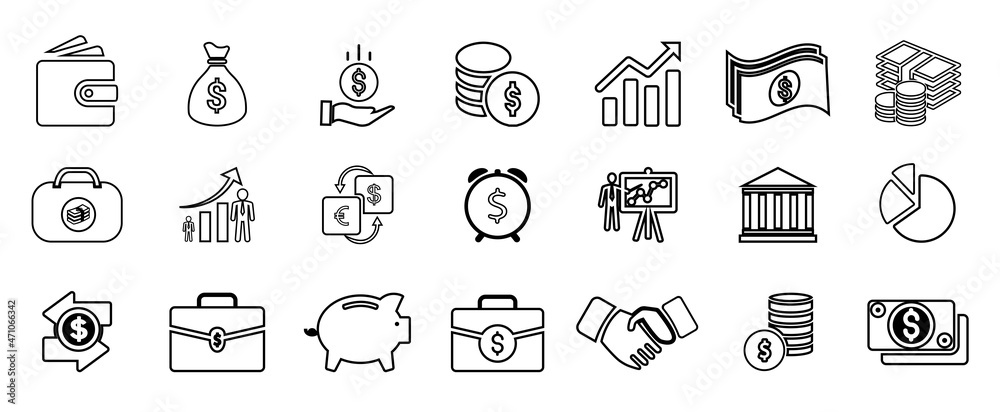 Money icon. Finance icons. Business Icons, money signs. Money silhouette collection. Wallet with cards icon. Coins silhouette icon. Growth chart.
