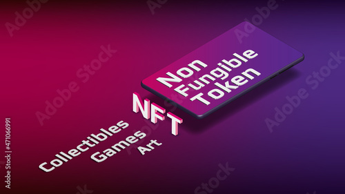 NFT non fungible token isometric text on mobile phone on red purple background. New class of coins. Pay for unique collectibles in games or art. Colorful header or banner. Vector illustration.