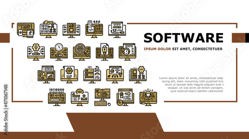 Software Program Development Landing Web Page Header Banner Template Vector. Freeware Download And Upload For Sharing, Programming Code And Script, Hacked And License Software Illustration