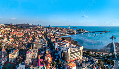 Aerial photography of the urban architectural landscape of Qingdao Bay