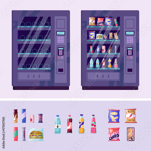 Colorful vector vending machine full of snacks and beverages. Empty equipment with collection of elements. Cartoon set of snack, can, sandwich, burger, candy, chocolate bar, soda. Front view.