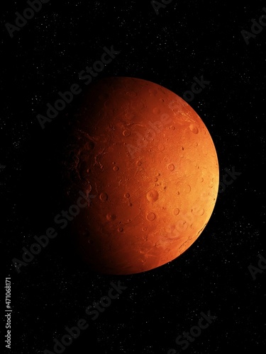 Mars isolated, rocky planet in space, surface of the planet 3d illustration.