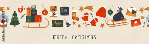 Cute hand drawn Christmas seamless pattern, collection of items, doodle, sketch, great for textiles, wrapping, banners, wallpapers, background - vector design