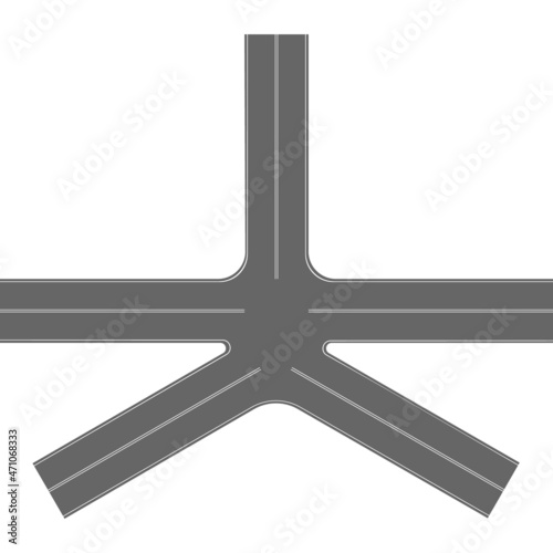 Five ways road junction top view. Highway part with marking isolated on white background. Roadway element for city map. Vector flat illustration.