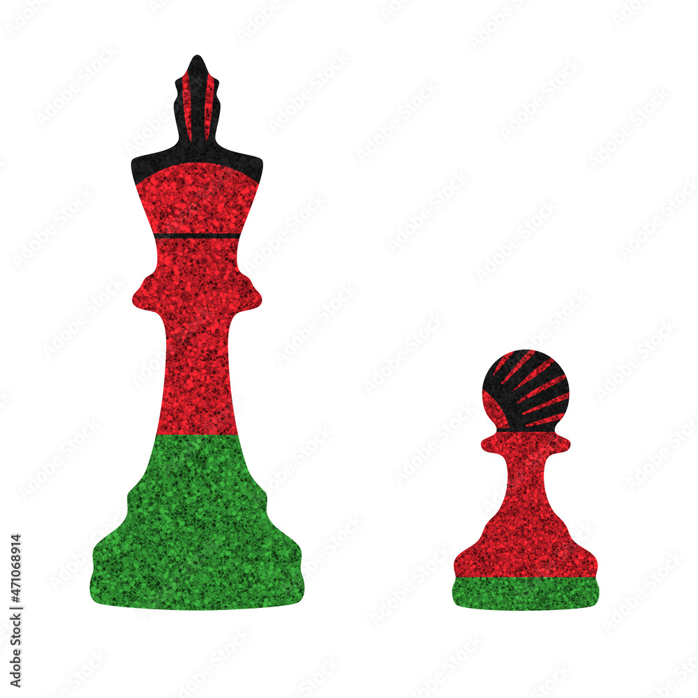Bright glitter chess figures queen and pawn silhouettes in colors of national flag. Malawi