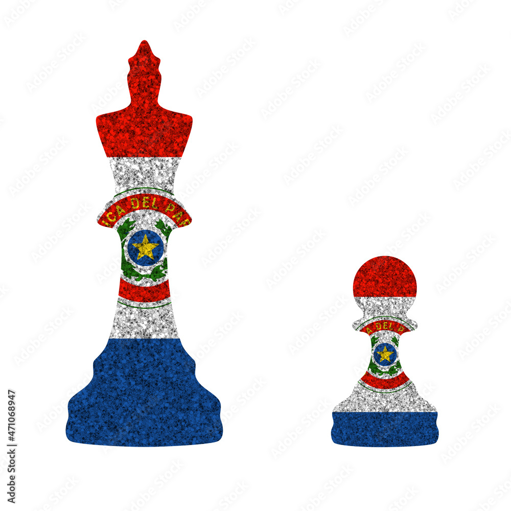 Bright glitter chess figures queen and pawn silhouettes in colors of national flag. Paraguay