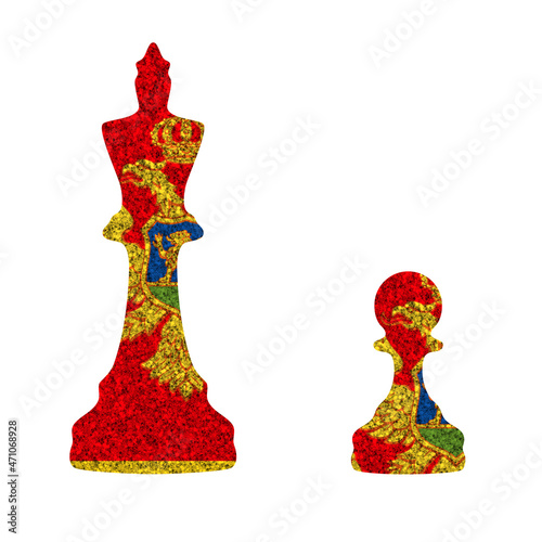 Bright glitter chess figures queen and pawn silhouettes in colors of national flag. Montenegro