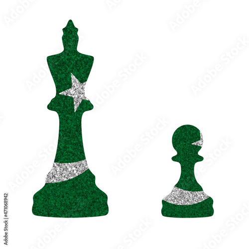 Bright glitter chess figures queen and pawn silhouettes in colors of national flag. Pakistan