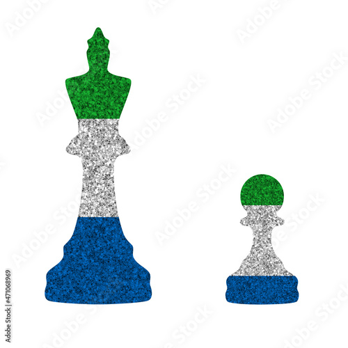 Bright glitter chess figures queen and pawn silhouettes in colors of national flag. Sierra Leone