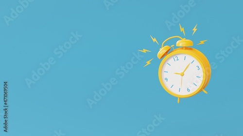 Yellow alarm clock is ringing on a blue background. 3d render.